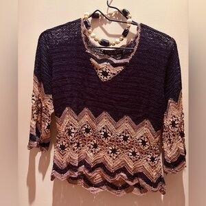 Bette Sung 🖤 Top Black Bronze Copper Chevron Crochet Knit Sweater Size P Large